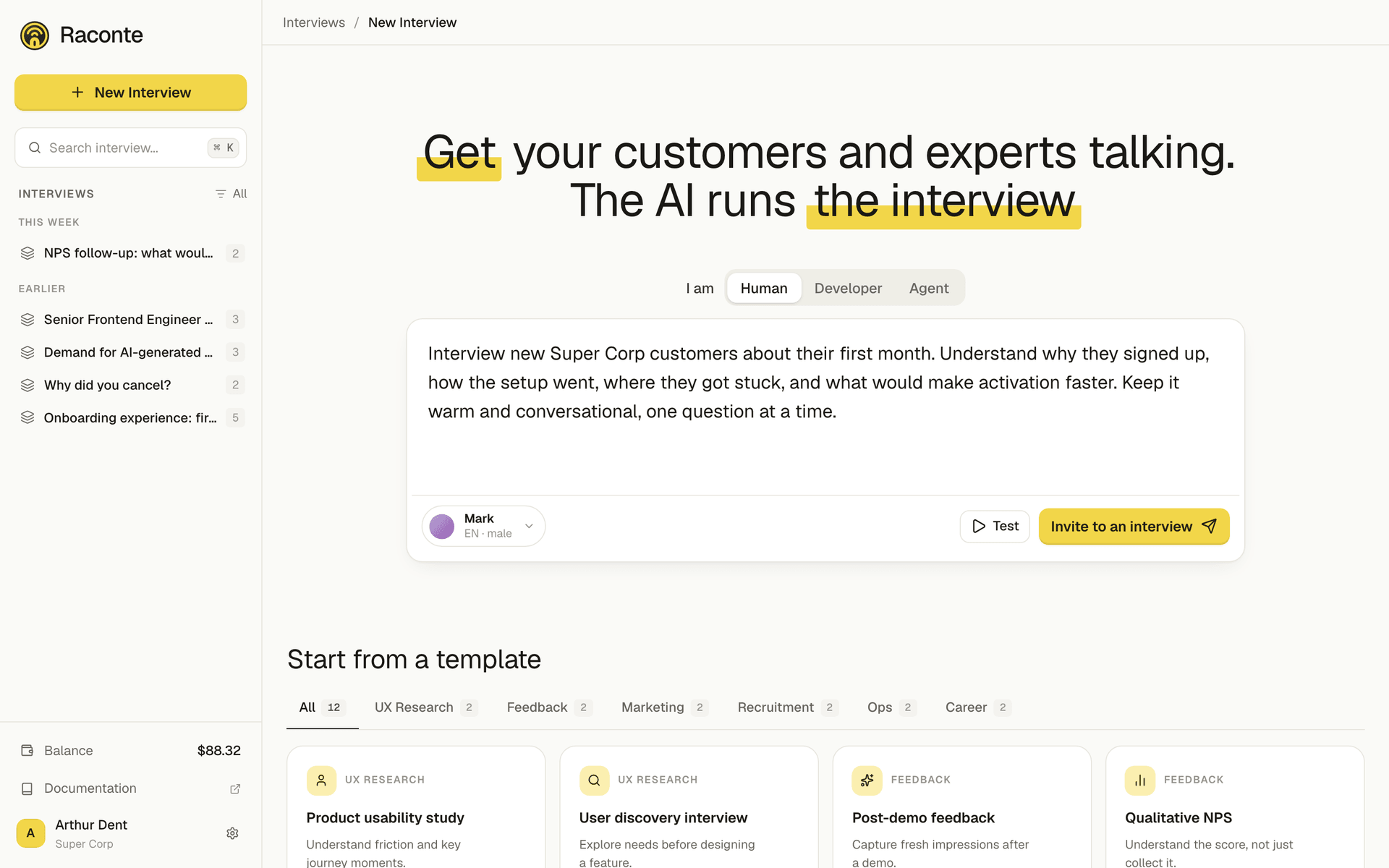 The Raconte new interview screen, with a prompt written in the composer