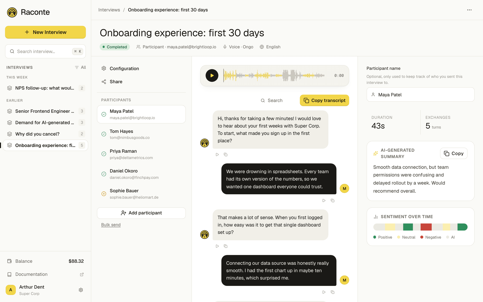 An interview transcript with its participants, the AI summary and the sentiment timeline